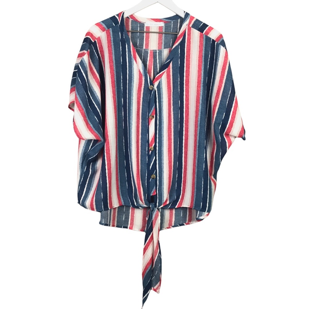 Fsl Apparel Red Blue Striped Tie Front Top Women Sz M